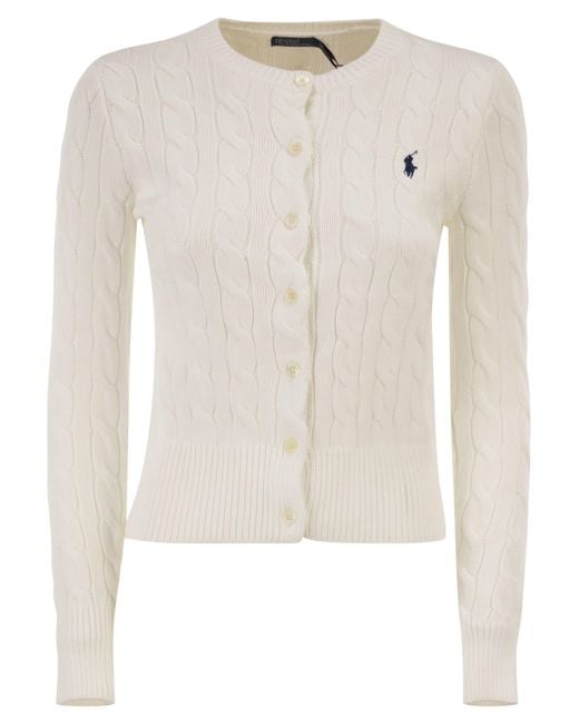 Polo Ralph Lauren White Cable Knit Cotton Crew Neck Cardigan