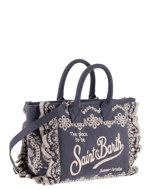 Mc2 Saint Barth Blue Cotton Canvas Tote Bag With Floral Embroidery And Ruffles