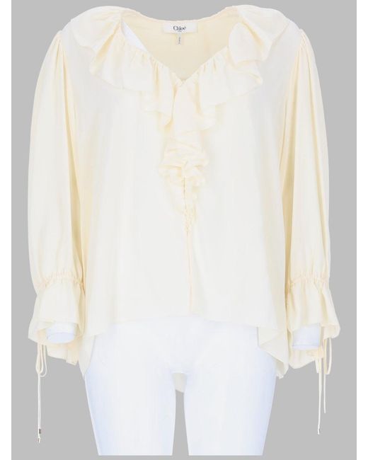 Chloé White Silk Ruffle-Trim Blouse