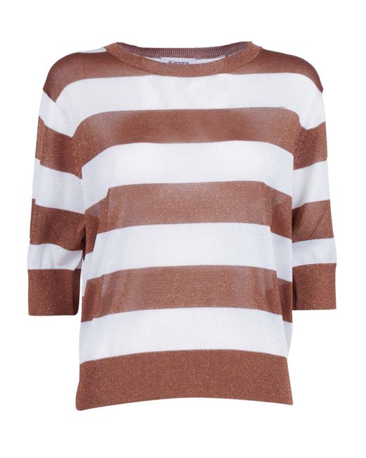 Kangra Cashmere White Striped Lurex Crew Neck, Short Sleeves Viscose Metallic Fibre Crewneck