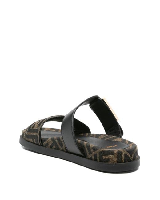 Fendi Black Ff Monogram Leather Sandals