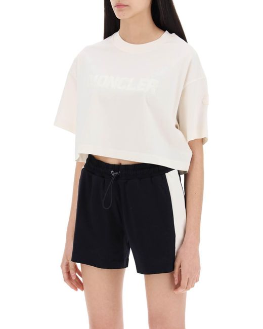 Moncler White Cropped T Shirt With Sequin Logo