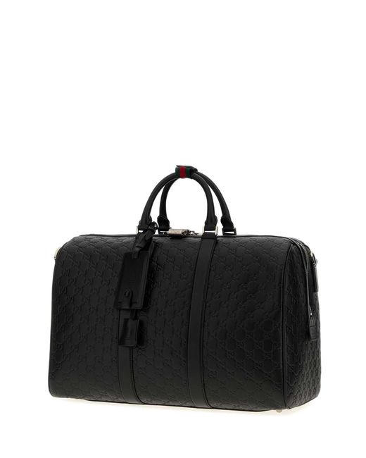 Gucci Black Leather Emblem Travel Bag