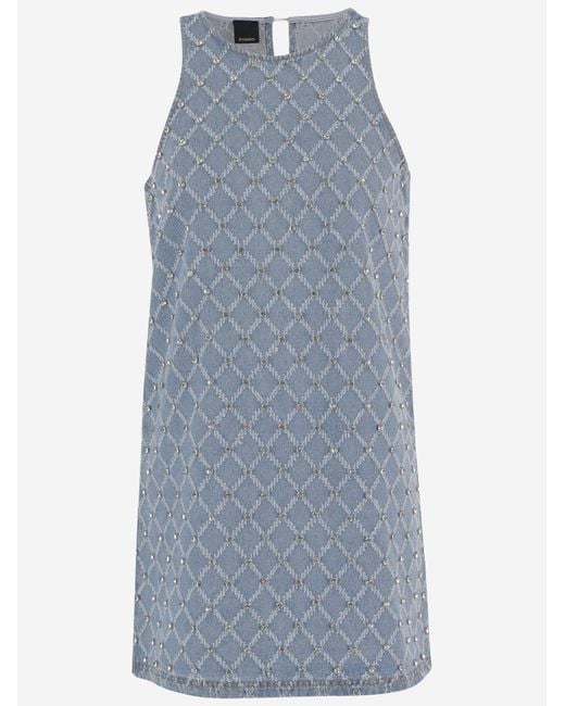 Pinko Blue Amorino Cotton Dress With Rhinestones