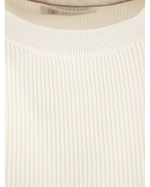 Brunello Cucinelli White Cotton Rib Sweater With Raglan Sleeve for men