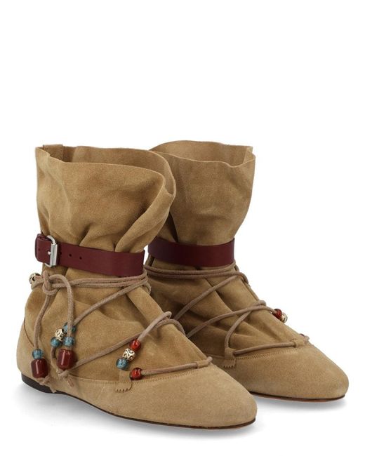 Isabel Marant Natural Suede Slouch Ankle Boots With Beaded Lace-Up Detail
