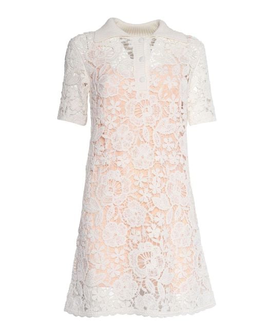 P.A.R.O.S.H. Natural Short Sleeve Lace Overlay Dress With Polo Collar