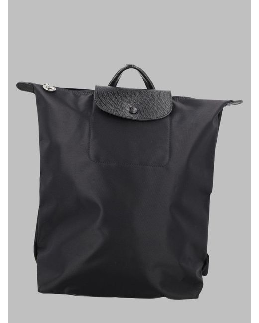 Longchamp Black Foldable Nylon Backpack With Leather Flap