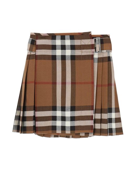 Burberry Exaggerated Check Pleated Wool Mini Skirt in Brown Burberry Exaggerated Check Pleated Wool Mini Skirt in Brown