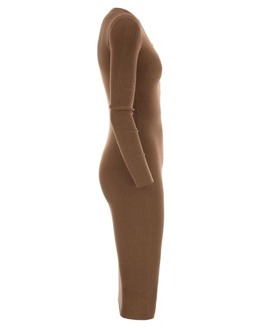 Elisabetta Franchi Brown Ribbed Knit Dress With Pocket