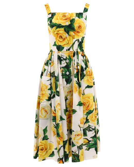 Dolce & Gabbana Rose Print Midi -jurk in het Yellow