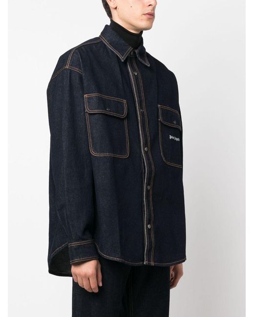 Palm Angels Blue Palm Angles Logo-Embroidered Denim Shirt for men