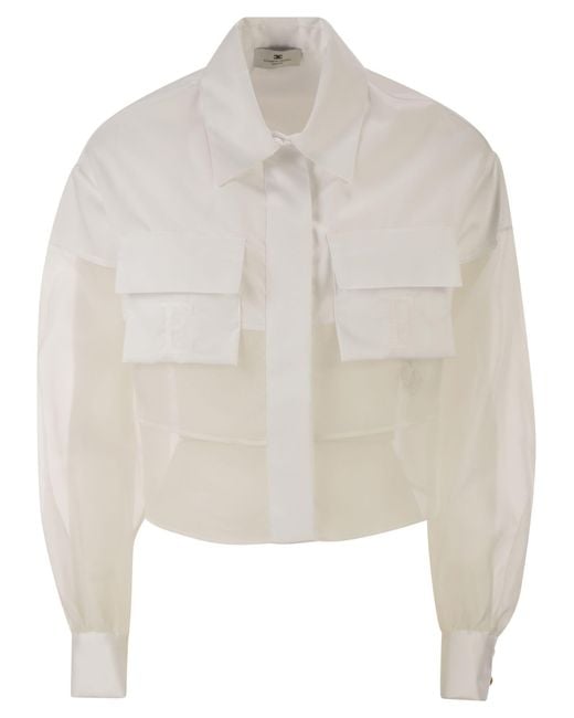 Elisabetta Franchi White Cropped Cotton Shirt With Silk Organza Inserts