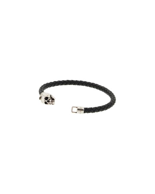 Alexander McQueen Black Skull Braided Leather Bracelet for men