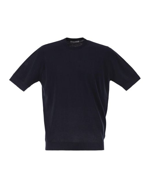 PT Torino Blue Cotton Knit T Shirt With Ribbed Finishes