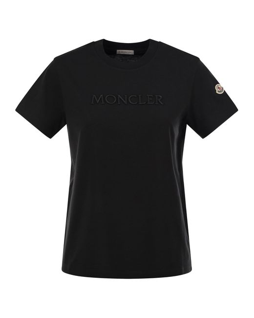 Moncler Black Cotton T Shirt With Tone On Tone Embroidered Logo