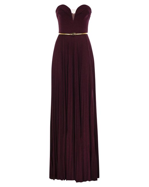 Elisabetta Franchi Purple Pleated Lurex Jersey Carpet Dress With Belt