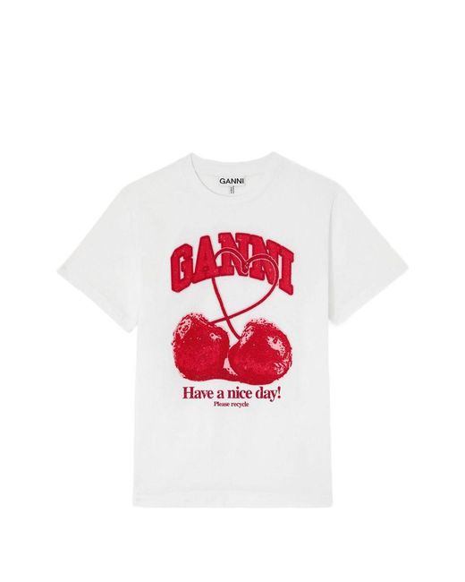 Ganni White Printed Cotton T-Shirt