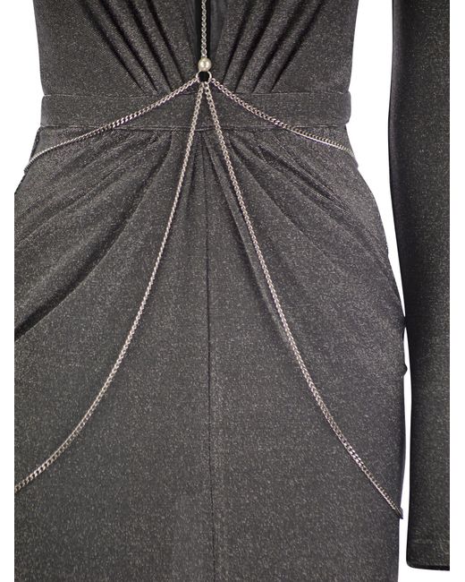 Elisabetta Franchi Gray Red Teppich Kleid in Lurex -Trikot mit Körperkette