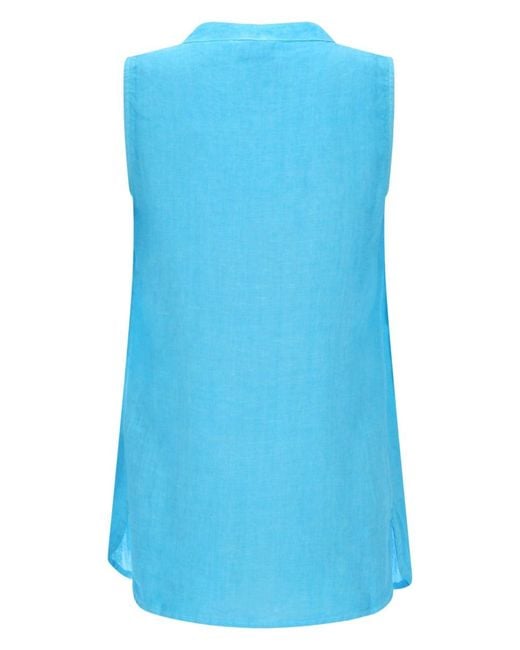 120% Lino Blue Top Smanicato A Camicia