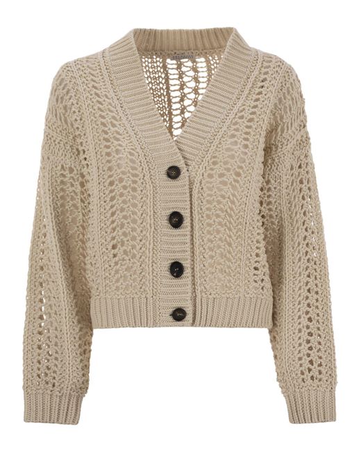 Brunello Cucinelli Natural Gerippte Baumwollnetz -Strickjacke