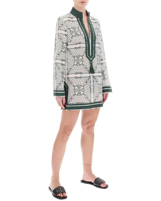Tory Burch Gray E gedrucktes Baumwolltunika -Kleid