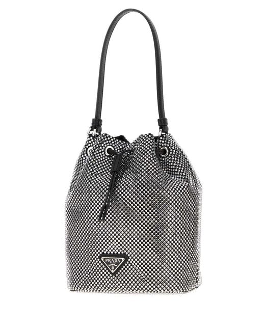Prada Gray Embellished Satin Bucket Bag