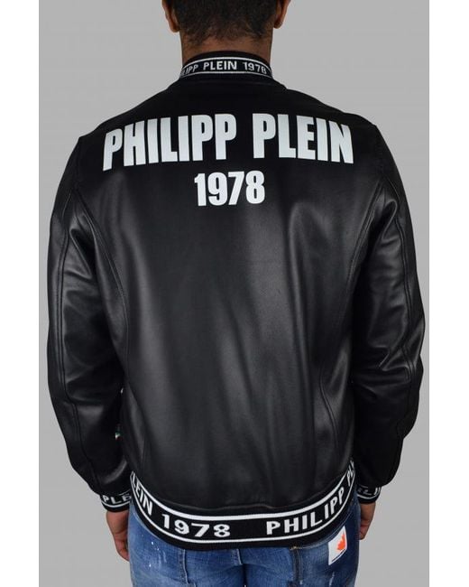 Philipp Plein Black Leather Bomber Jacket With Logo Accents