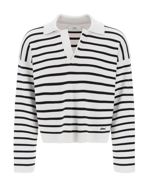 AMI Striped V Neck Magic Pullover Sweater. in het White voor heren