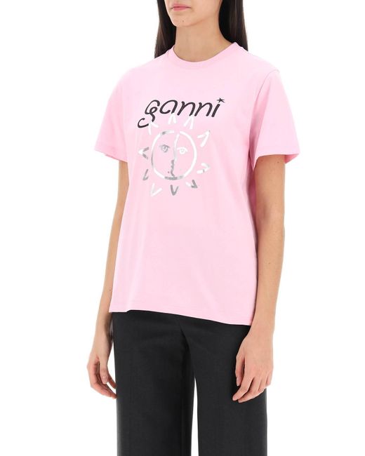 Camiseta de cuello de la tripulación de con estampado Ganni de color Pink