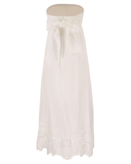 Max Mara White Strapless Linen Dress With Embroidered Hem
