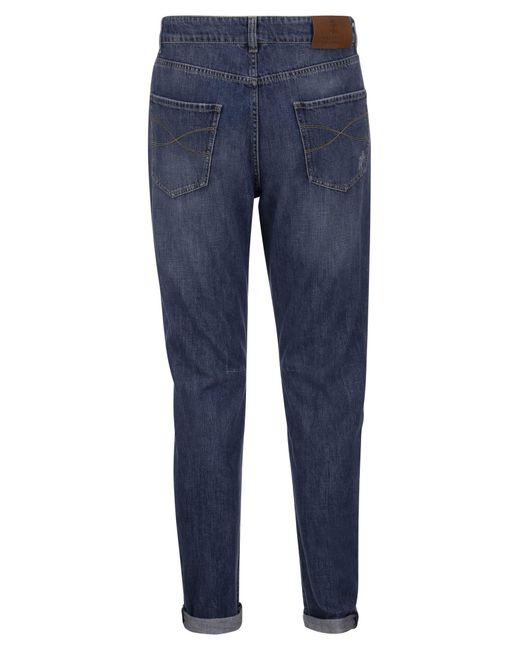 Brunello Cucinelli Blue Five Pocket Leisure Fit Trousers In Old Denim With Rips