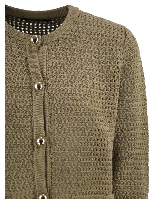 Fabiana Filippi Green Openwork Knitted Cotton Cardigan With Jewelled Buttons