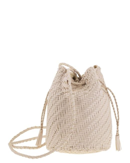 Dragon Natural Pompom Double Jump Bucket Bag With Woven Leather