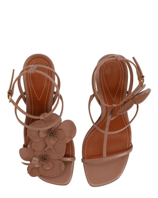 Zimmermann Brown Patent Leather Floral Applique Strappy Heeled Sandals