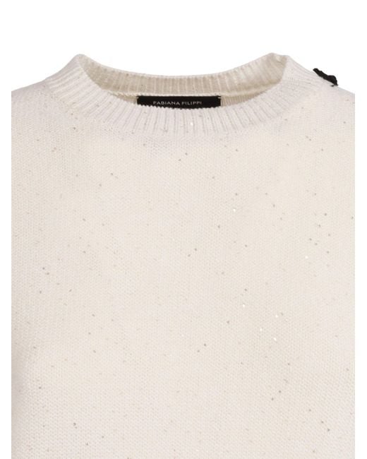 Fabiana Filippi White Sequin Short Sleeve Crew Neck Sweater