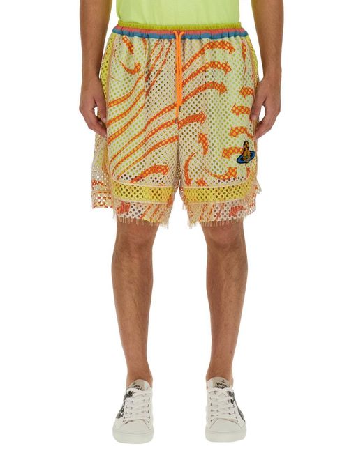 Vivienne Westwood Print Mesh Shorts With Fringed Hem in Yellow für Herren