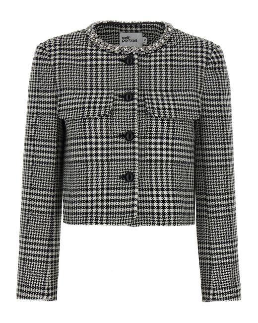 Self-Portrait Black Houndstooth Crystal Trim' Blazer