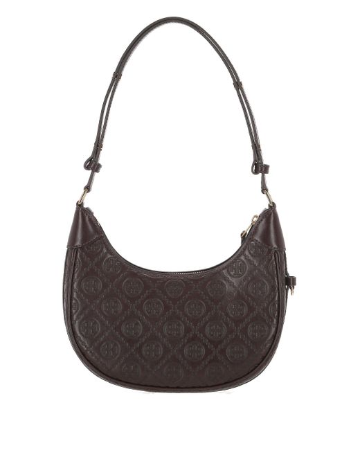 Tory Burch T Monogram Chocoladekalfsleer Schoudertas in het Gray