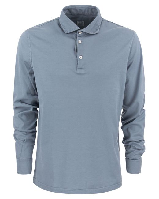 Fedeli Blue Long Sleeved Cotton Polo Shirt for men