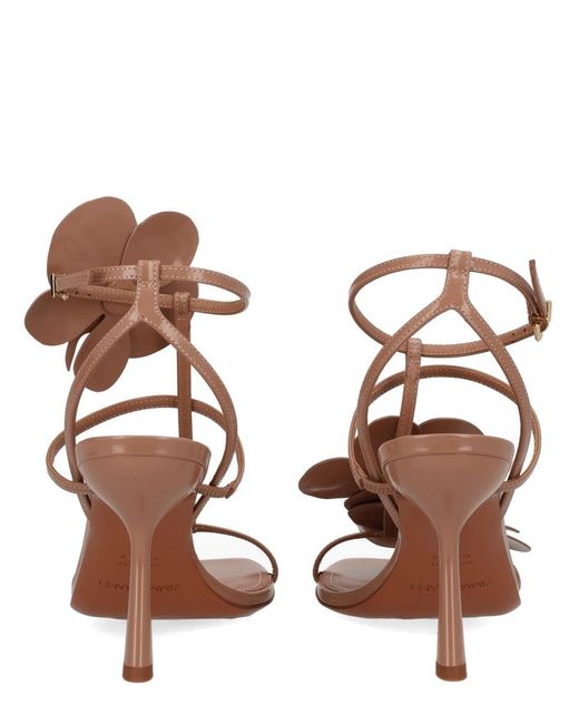 Zimmermann Brown Patent Leather Floral Applique Strappy Heeled Sandals