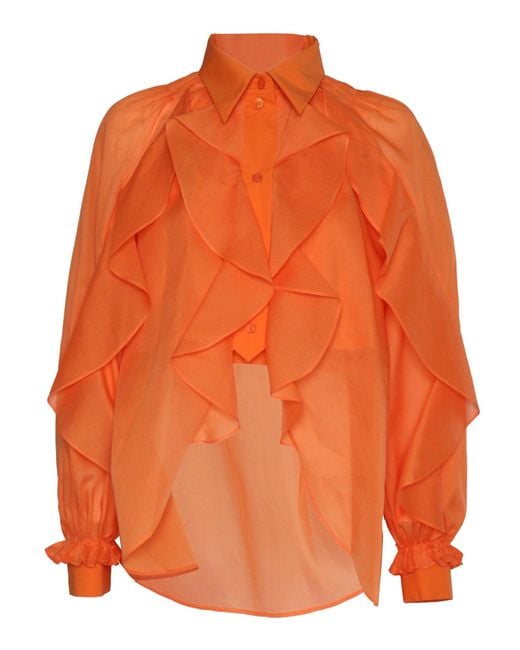 Alberta Ferretti Orange Ruffled Cotton Shirt With Billowy Sleeves