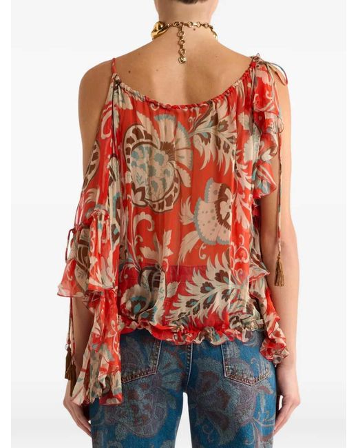 Etro Red Single-Sleeve Silk Top With Floral Motif