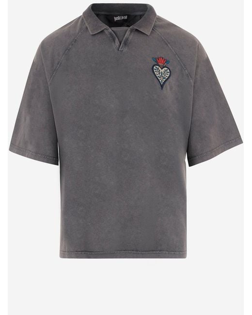 Just Cavalli Gray Cotton T Shirt With Flame Embroidery And Back Logo for men