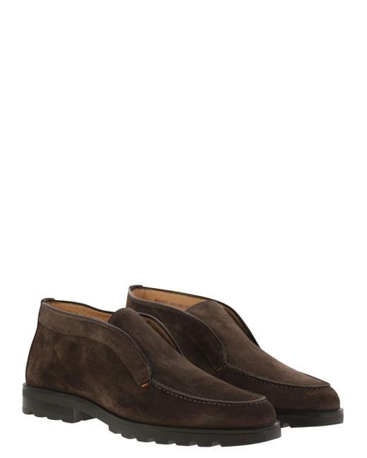 Santoni Brown Suede Ankle Boot Without Laces for men