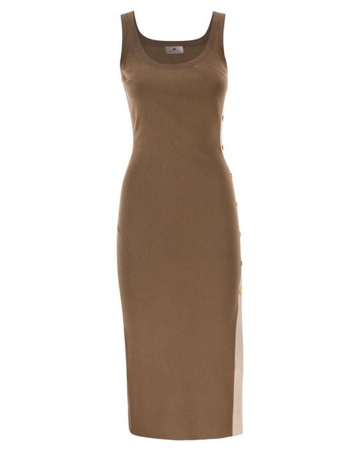 Elisabetta Franchi Brown Knitted Dress With Shiny Viscose Bands
