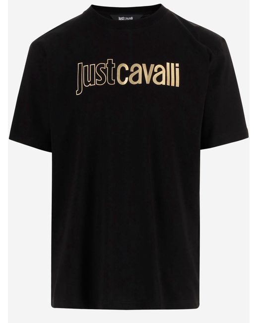 Just Cavalli Black Cotton T Shirt With Logo Print