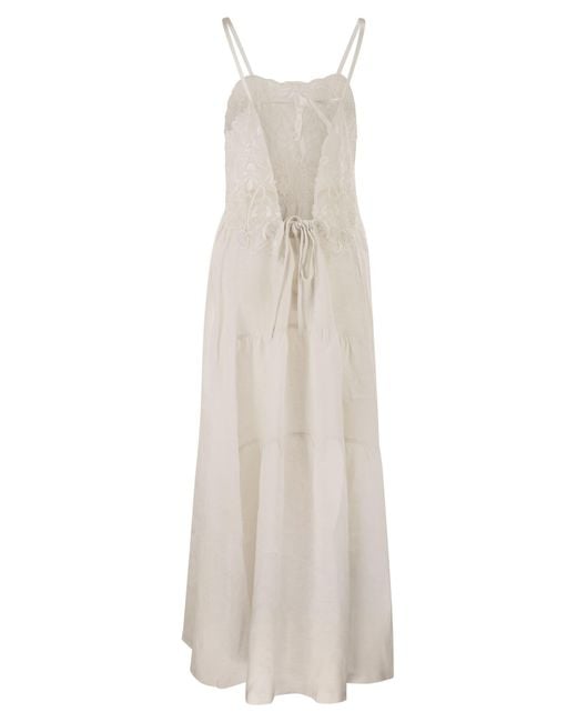 Maurizio Mykonos White Long Linen Dress With Embroidered Bodice And Slim Straps
