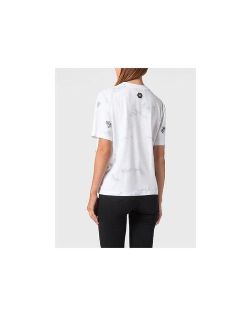 Philipp Plein White T-Shirt Round Neck Ss Flowers