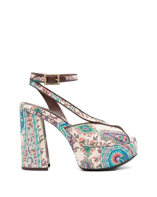 Etro White Paisley-Patterned Platform Sandals With Heel